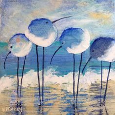 three blue and white birds are standing in the water