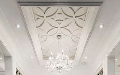 an elegant bathroom with chandelier and white walls