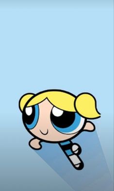 the powerpuff girl is flying through the air with her head tilted to the side