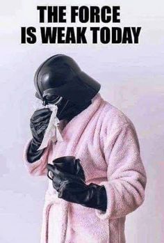 a person in a pink robe and black gloves with the caption, the force is weak today