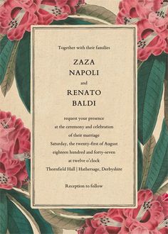 a wedding card with pink flowers and leaves on the front, reads zaza napoli and renato baldi