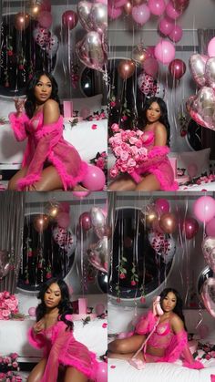 a collage of photos with balloons, flowers and a woman in a pink dress