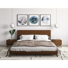 a bed sitting in a bedroom next to two pictures on the wall