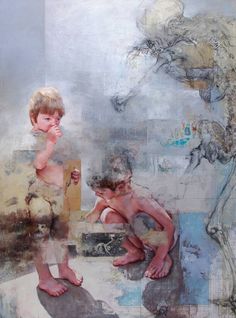 two young boys are playing with each other in front of a painting that has been altered