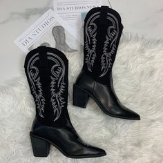 🤍Faster shipping on Diastudios.co.uk  Black Cowboy Boots with hand embroidered detail Sizes 2-6 available (UK sizing) UK Orders Posted with Free Fast Tracked Delivery (2-5 days) But... 📦 Delivery varies so please message for your estimated delivery date 🚚 Express shipping available, Please message me 🤍If you love these, check out my website, for discounts and new items: (Faster delivery for UK orders also available) diastudios.co.uk  🤍Discount code: 'NEWBIE' Western Style Black Knee-high Boots Medium Width, Black Western Knee-high Boots Medium Width, Black Western Style Knee-high Boots Medium Width, Western Wide Calf High Heeled Boots, Western Style Heeled Boots With Wide Calf, Western Style Wide Calf Heeled Boots, Western Black High Heel Knee-high Boots, Black Knee-high Boots For Rodeo In Fall, Western Style High Heel Boots For Wide Calves