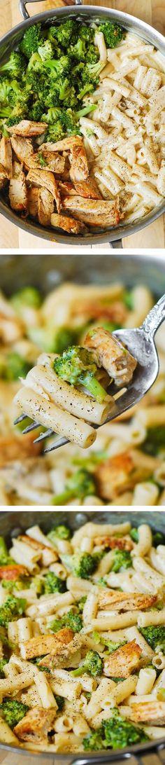 two pictures showing the process of making chicken and broccoli casserole in pans