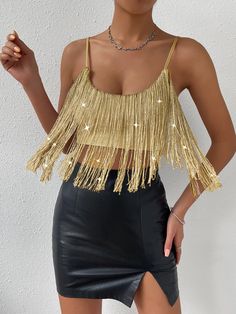 Gold Fringe Top, Fearless Outfits, Beyoncé Concert, Strappy Shirt, Eras Outfits, Festival Fits, Quinceanera Ideas, Tassel Top, Gold Skirt