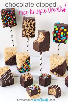 chocolate dipped rice krispy treats on sticks with sprinkles and candies