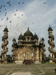 many birds flying around an old building