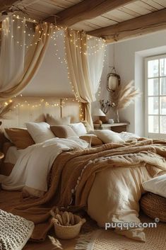 a large bed sitting in a bedroom next to a window with lights on the ceiling