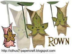 three paper flowers with leaves on them and the words rowan written below it in gold