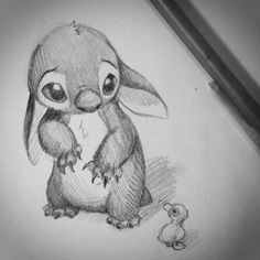 a pencil drawing of a little bunny and a duck