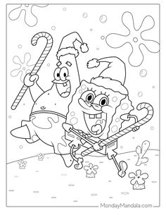 the spongebob christmas coloring page with santa claus and mrs potatohead on it