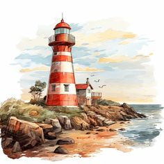 a painting of a red and white lighthouse