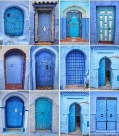 many different doors and windows with blue paint