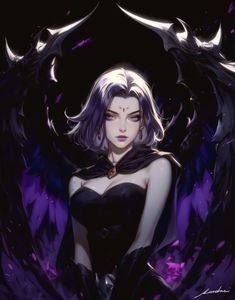 an anime character with purple hair and black wings