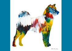 a colorful dog is standing on a white background