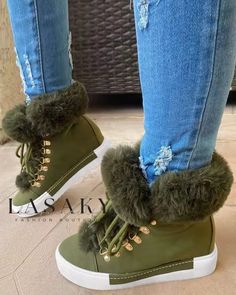 Lasaky - Faux Fur Trimmed Insulated Hidden Wedge Snow Boots Wedge Snow Boots, Long Hair Designs, Leather Snow Boots, Elegant Flats, Winter Shorts, Green Boots, Waterproof Snow Boots, Chic Type, Ankle Boots Flat