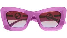 Gucci GG Logo sunglasses model GG1552S cat eye injection frame color code 003 shiny transparent magenta with red temple and double gradient orange / liliac lens. Designer Purple Sunglasses With Gradient Lenses, Trendy Gucci Cat Eye Sunglasses With Gradient Lenses, Gucci Red Sunglasses With Uv Protection, Red Gucci Sunglasses With Uv Protection, Logo Sunglasses, Shapes Images, Sunglasses Logo, Sunglasses Model, Eye Frames