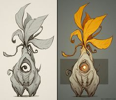 two drawings of an evil looking plant with yellow leaves on it's head and another drawing of a strange looking object that appears to be floating in the air