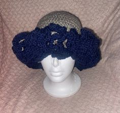 *This hat is made to order!* Blue Cloche Hat With Curved Brim, Blue Wide Brim Bucket Hat One Size, Adjustable Blue Cloche Cap, Blue Brimmed Crochet Hat, Blue Adjustable Crochet Hat With Short Brim, Adjustable Blue Crochet Hat With Short Brim, Adjustable Blue Crochet Sun Hat, Blue Crochet Brimmed Hat, Blue Crochet Sun Hat One Size