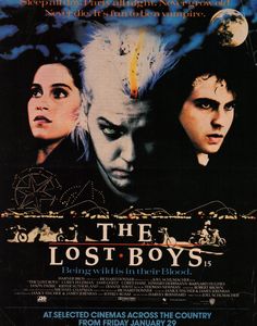 the lost boys movie poster with two women and one man looking at something in the distance