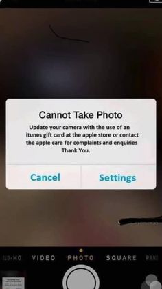 an iphone screen with the text cannot take photo and then click on it to change the camera settings