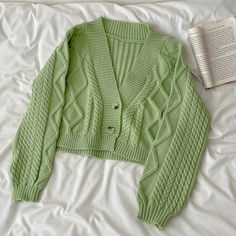 Cropped knit cardigan with cable knit detailing in a pastel colored palette. S/M: 39" chest, 17" length Green And White Cardigan, Outfit Cardigan Rajut, Green Cardigan Outfit, Colored Palette, Cropped Knit Cardigan, Cardigan Rajut, Outfit Cardigan, Hijau Mint, Closet Tour