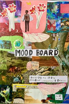 a collage of various images with words and pictures on them that say mood board