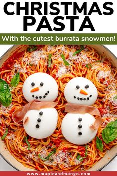 three snowmen made out of pasta in a pan with text overlay that says christmas pasta