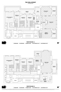 two floor plans for an apartment in the building, one with three rooms and four bathrooms