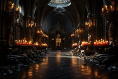 an empty cathedral with many lit candles in it