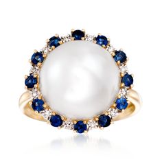 Ross-Simons - 12.5-13mm Cultured Button Pearl, .60ct t. w. Sapphire Ring, Diamond Accents. Size 6. This gorgeous ring makes a luxury statement as it flaunts a gleaming 12.5-13mm cultured freshwater button pearl from a halo of .60 ct. t. w. sapphires and diamond accents. Set in 14kt yellow gold. Sapphire and white pearl ring. Pearl birthstones are the perfect gift for June birthdays. Elegant Round Cabochon Sapphire Ring, Elegant Multi-stone Sapphire Ring, White Sapphire Ring With Diamond Accents, Luxury Pearl Ring With Center Stone, Elegant Round Cabochon Diamond Ring, White Pearl Ring, Pearl Birthstone, Ring Pearl, June Birthday