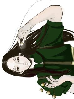 a drawing of a woman with long black hair and green dress, holding her hands behind her head