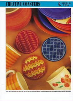 three decorative coasters are shown on the cover of an article in crafting magazine