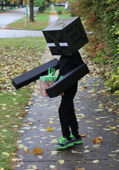 a person in a minecraft costume holding a basket and walking down a sidewalk with leaves on the ground