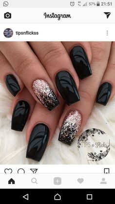 So beautiful “Black & Bling” Nail Short, Manicure Ideas, Nails Black, Nails Long, Nail Polish Designs, Black Acrylic, Cute Nail Designs