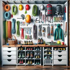 an organized garage with lots of shoes and other items hanging on the pegboard wall