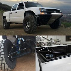 four different views of a truck with tires on the front and rear wheels in the back