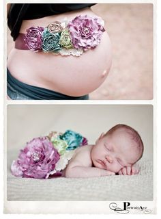 two pictures of a baby with flowers on it's belly and in the middle there is a woman wearing a flower belt