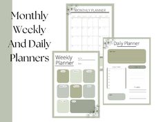 the printable weekly planner and daily planner are shown in three different colors, including green