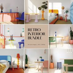 there are many different types of furniture in this photo collage with the words retro interior bundle