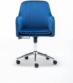 a blue office chair sitting on top of a metal base with wheels and casteors