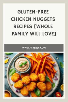 chicken nuggets are served on a plate with carrots and dip