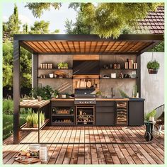 an outdoor kitchen with grill, sink and counter space is shown in this digital painting