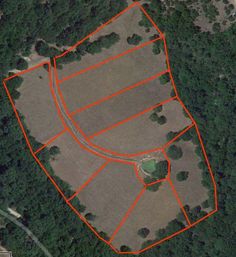 an aerial view of a field with lots of trees in the background and orange lines on the ground