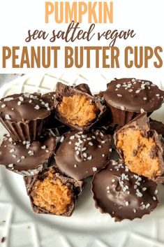 pumpkin sea salted vegan peanut butter cups on a white plate with text overlay