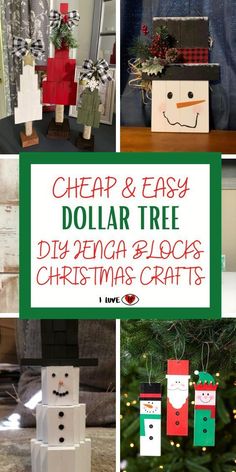 christmas crafts made out of cardboard boxes and snowmen with text overlay that reads cheap & easy dollar tree diy pencil blocks christmas crafts