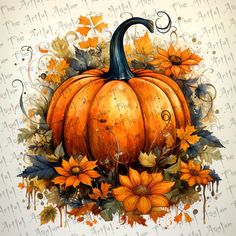 a painting of a pumpkin surrounded by leaves and flowers