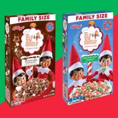 two boxes of cereal with elf hats on them